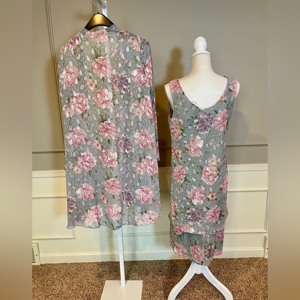 Jeffrey & Dara Evenings by Tom Barra 10 dress set cardigan floral 80s gray pink - Picture 4 of 7